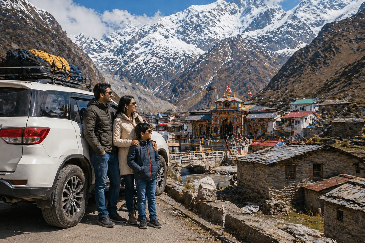 Family beside their cab overlooking Badrinath temple and the valley