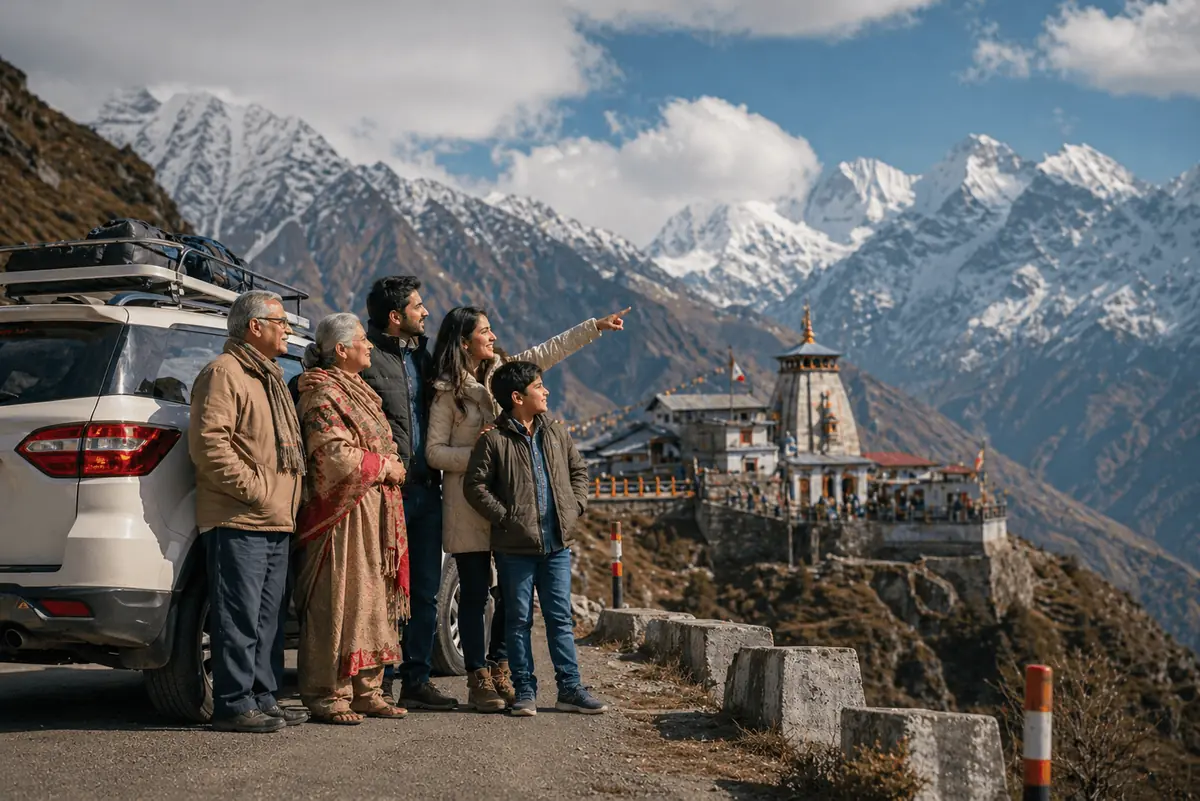Three-generation family beside their cab, looking out at a Himalayan temple and snow peaks