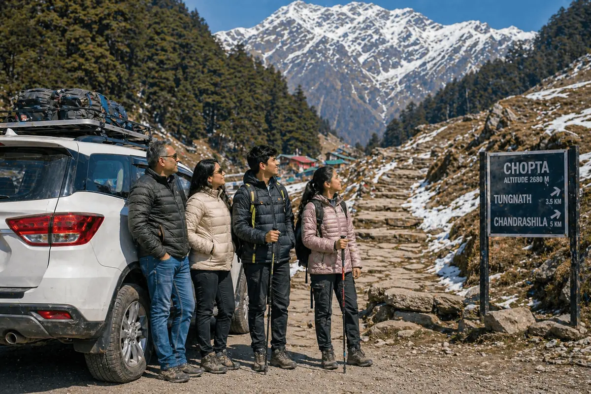 Trekkers beside their cab at the Chopta trailhead sign for Tungnath and Chandrashila