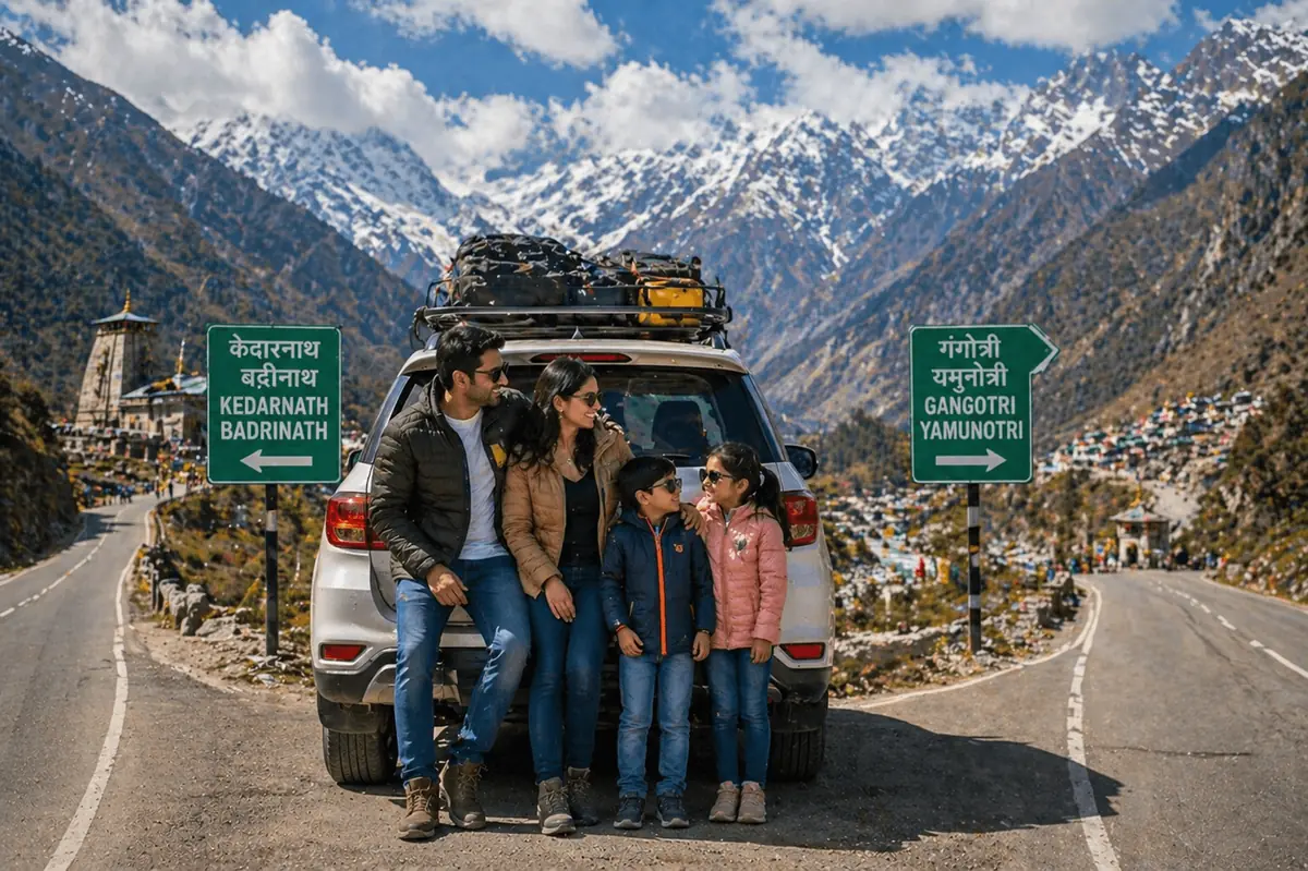 Family in front of their cab where the road signs split to Kedarnath-Badrinath and Gangotri-Yamunotri