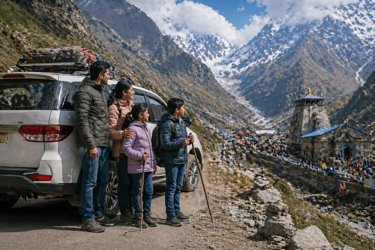 Family with trekking sticks beside their cab, looking towards Kedarnath temple