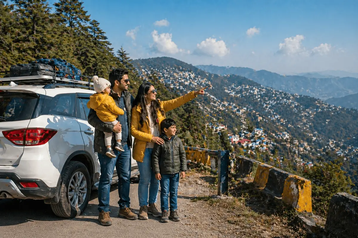 Family with young children beside their cab, looking out over the Mussoorie hillside